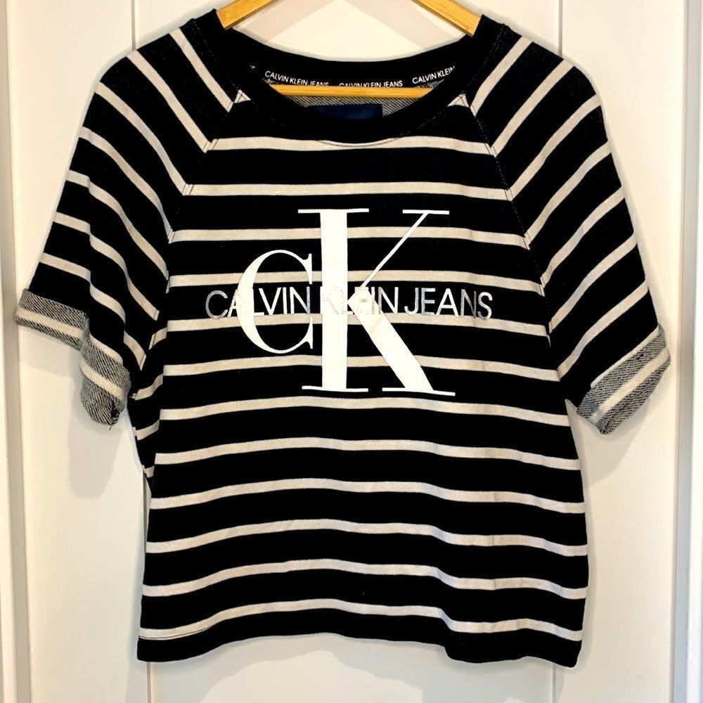 CK Calvin Klein Y2K Logo Knitted Crop Top Striped Cuffed Sleeves Crewneck Size M